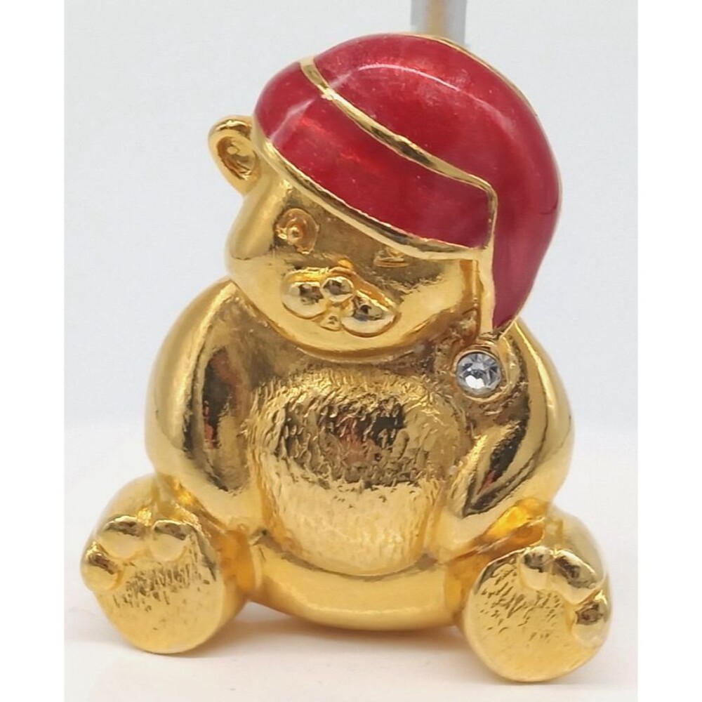 Christmas Teddy Bear Brooch Gold Tone Red Enamel Hat Rhinestone Pin Vintage